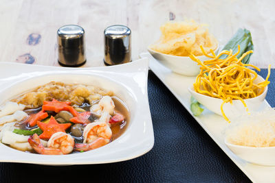 High angle view of food served on table