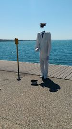 Rear view of man standing on beach against clear sky