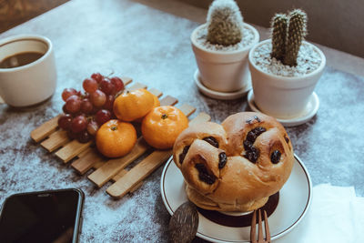 High angle view of breakfast on table
