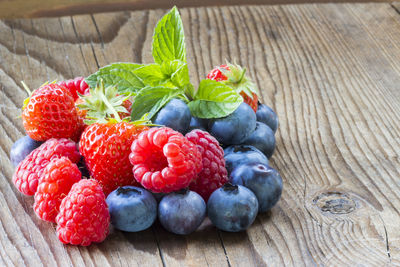 High angle view of strawberries on table