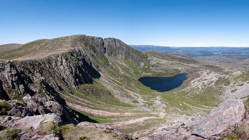 Scenic view of mountains against clear blue sky