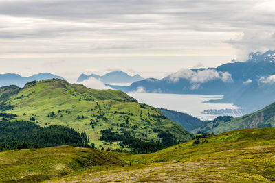 Scenic view of landscape and mountains against sky