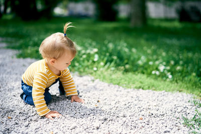 Cute baby girl crawling outdoors