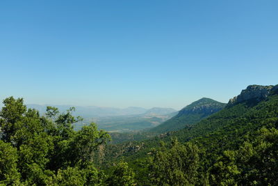 Scenic view of mountains against clear blue sky