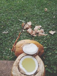 High angle view of bread on field