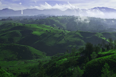 Scenic view of green landscape and mountains against sky