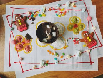 High angle view of birthday cake on table
