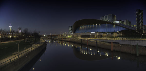 River by illuminated city against clear sky at dusk