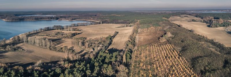 High angle view of land against sky