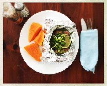 High angle view of food in plate on table