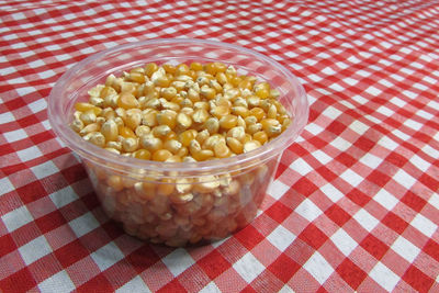 High angle view of eggs in bowl on table