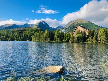 Scenic view of lake and mountains against sky