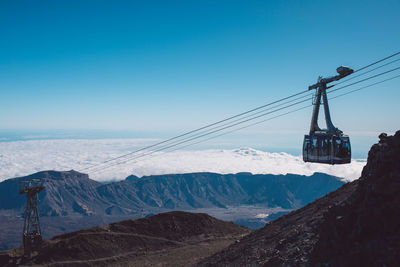 Overhead cable car on snowcapped mountains against clear sky