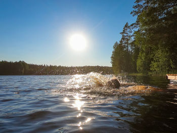 Scenic view of lake against sky on sunny day