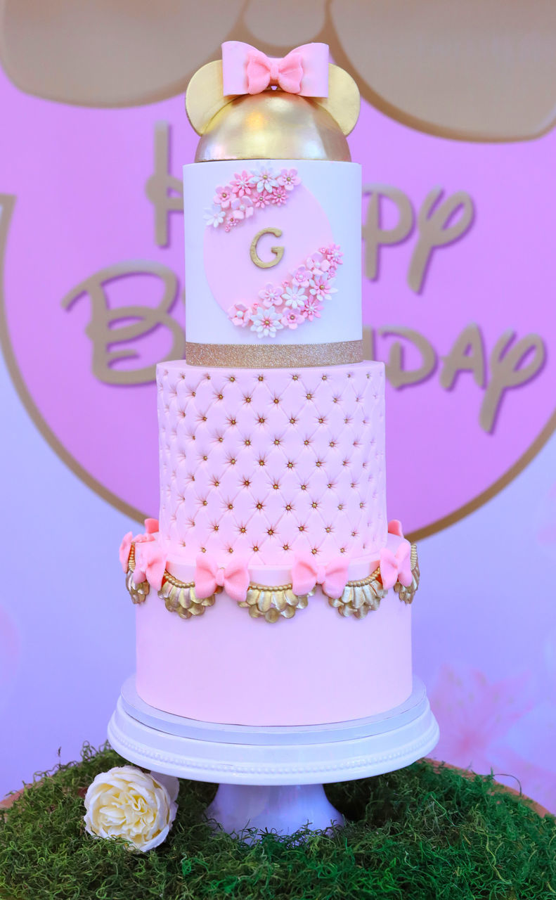 pink, birthday cake, food, celebration, dessert, cake stand, event, wedding cake, cake decorating, plant, baby shower, food and drink, no people, party, cartoon, indoors, cake, sweet food, decoration, nature, sweet, sugar paste, baked