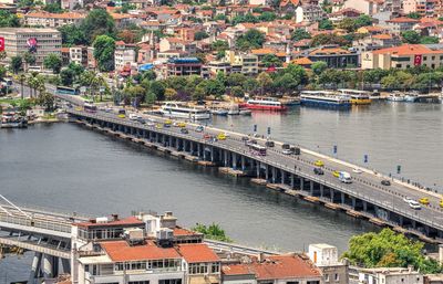 High angle view of river amidst buildings in city