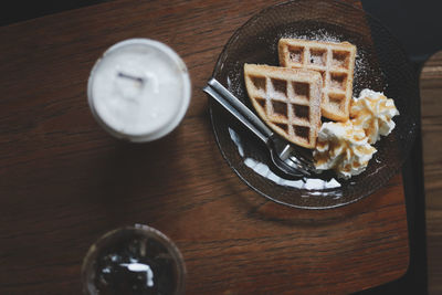 High angle view of dessert in plate on table