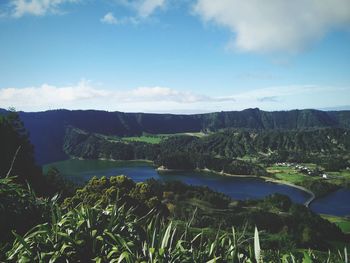 Scenic view of lake against cloudy sky