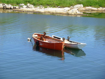 High angle view of sailboat in lake