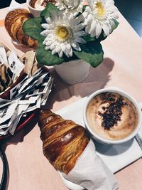 High angle view of breakfast served on table