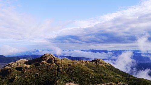 Scenic view of mountains against cloudy sky