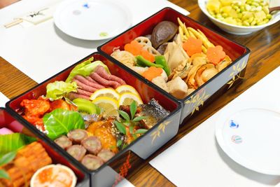 High angle view of food in container on table