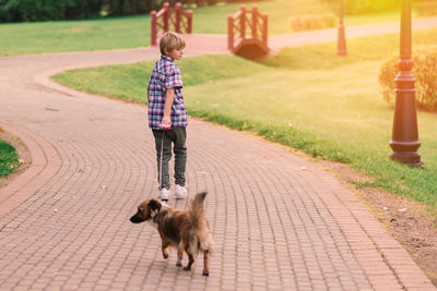 Rear view of boy walking on footpath