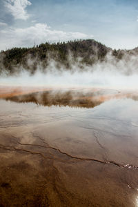 Scenic view of waterfall against sky