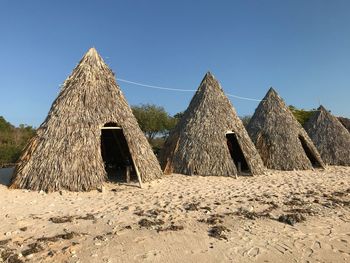 Panoramic view of cottage against clear sky