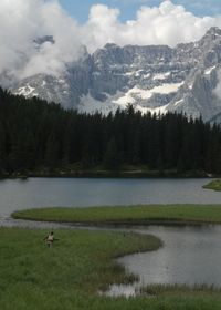 Scenic view of lake and mountains against sky