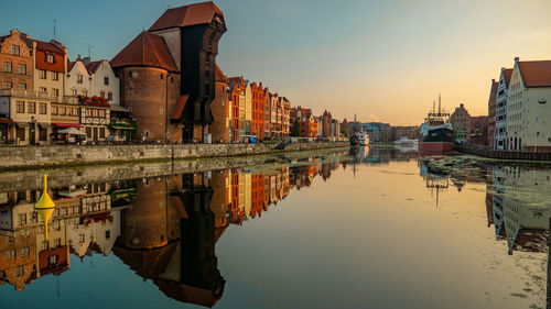 Canal amidst buildings in city against sky during sunset