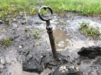 High angle view of chain on field