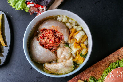 High angle view of food in bowl on table