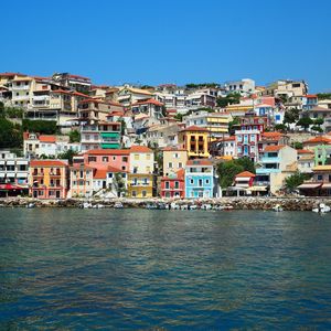 Scenic view of residential district against clear sky