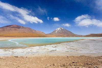 Scenic view of beach against blue sky