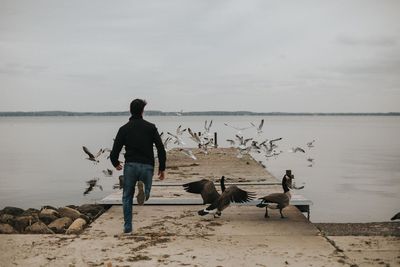 Man with dog on beach against sky