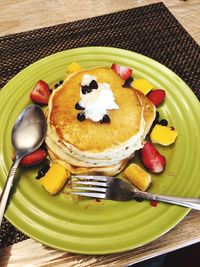 High angle view of dessert in plate on table