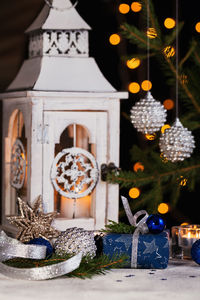 Close-up of christmas decorations on table