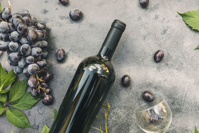 High angle view of wine bottles on table