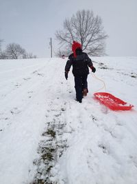 Rear view of child with sled on snowy field
