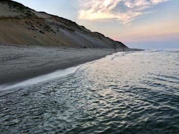 Scenic view of beach against sky during sunset