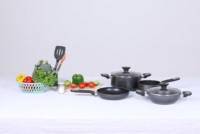 Close-up of food on table against white background