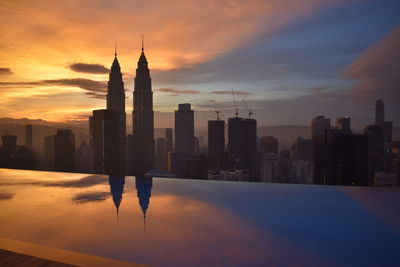 Modern buildings in city during sunset