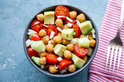 High angle view of salad in bowl on table