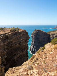 Rock formations by sea against clear blue sky