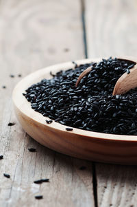 High angle view of black coffee in bowl on table