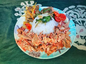 High angle view of food served on table