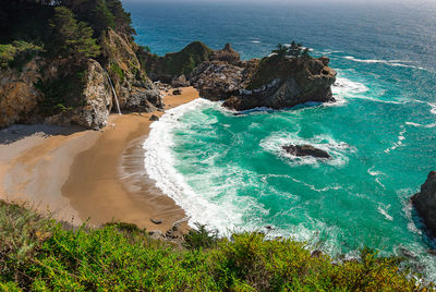 High angle view of rocks on sea shore