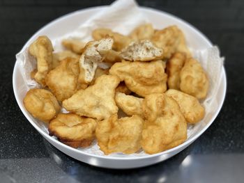 High angle view of pasta in plate on table