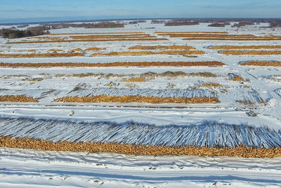 High angle view of snow covered land